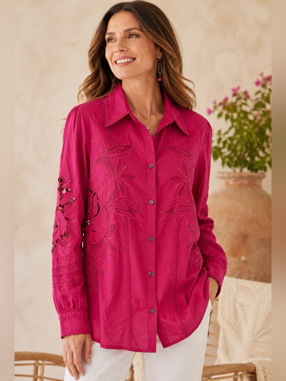 Sundance Fuchsia Embroidered Button-Down Bishop Sleeve Boho Blouse, NWOT